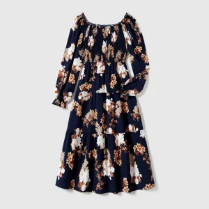 Family Matching Long-sleeve Color-block Tops and Floral Print Dresses Sets