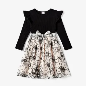 Family Matching Long Sleeve Color-block Tops and Stitching Flower Print Dresses Sets #1193917
