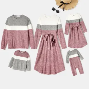 Family Matching Long-sleeve Colorblock Rib Knit Belted Dresses and Pullover Sets #208283