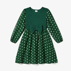 Family Matching Long-sleeve Green Tops and Polka Dot Mesh Splicing Belted Dresses Sets #1193882