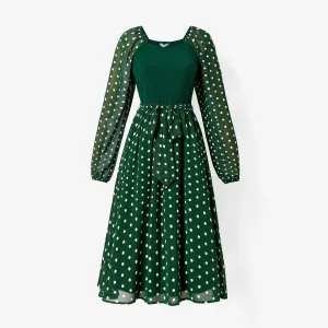 Family Matching Long-sleeve Green Tops and Polka Dot Mesh Splicing Belted Dresses Sets #1193883