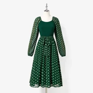 Family Matching Long-sleeve Green Tops and Polka Dot Mesh Splicing Belted Dresses Sets