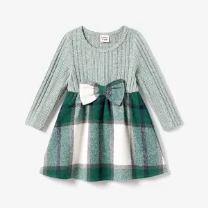 Family Matching Long-sleeve Knit Color-block Tops and Mock-neck Plaid Woolen Fabric Splicing Belted Dresses Sets #1193431