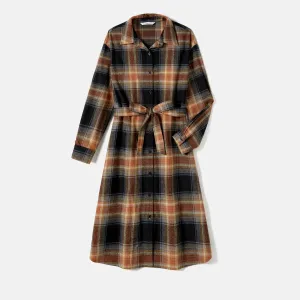 Family Matching Long Sleeve Plaid Belted Dresses And Plaid Tops Sets #1061951