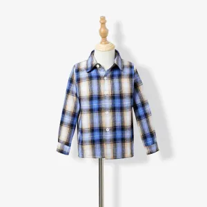 Family Matching Long-sleeve Plaid Shirt Tops and Elegant Solid Color Short-sleeve Velvet Dresses Sets #1193573