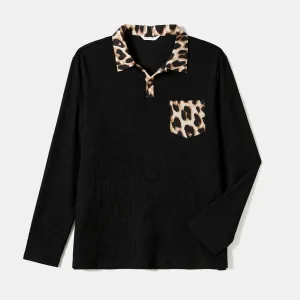 Family Matching Long-sleeve Shirts and Rib Knit Spliced Leopard Belted Dresses Sets #1073233