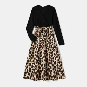 Family Matching Long-sleeve Shirts and Rib Knit Spliced Leopard Belted Dresses Sets #1073236