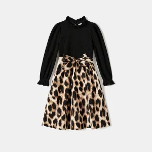 Family Matching Long-sleeve Shirts and Rib Knit Spliced Leopard Belted Dresses Sets #1073250