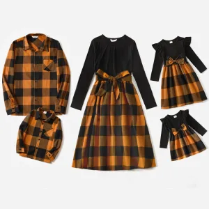 Family Matching Long-sleeve Solid Rib Knit Spliced Plaid Dresses and Button Up Shirts Sets #205786