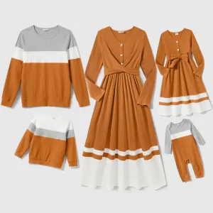 Family Matching Long-sleeve V Neck Button Front Colorblock Rib Knit Midi Dresses and Tops Sets #205508