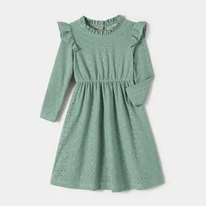 Family Matching Mint Green Lace Dresses And Color-block Long-sleeve tops Sets #1058378