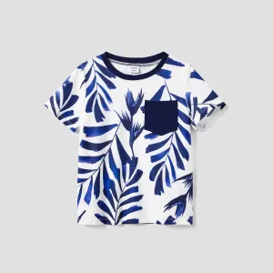 Family Matching Modern Blue and White Botanical Leaf Design Button Strap Dress and Color Block Tee Sets