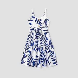 Family Matching Modern Blue and White Botanical Leaf Design Button Strap Dress and Color Block Tee Sets #1331317