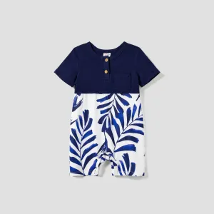 Family Matching Modern Blue and White Botanical Leaf Design Button Strap Dress and Color Block Tee Sets #1331323