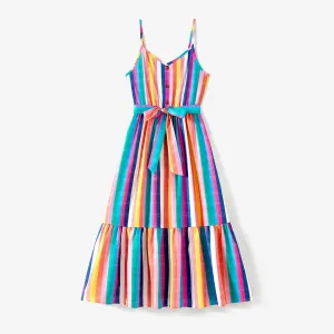 Family Matching Multi-Color Stripe T-shirt and Ruffle Hem Button Strap Dress Sets #1320495