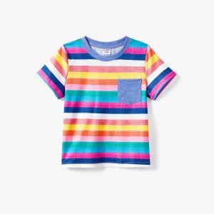 Family Matching Multi-Color Stripe T-shirt and Ruffle Hem Button Strap Dress Sets