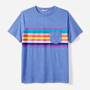Family Matching Multi-Color Stripe T-shirt and Ruffle Hem Button Strap Dress Sets #1320499