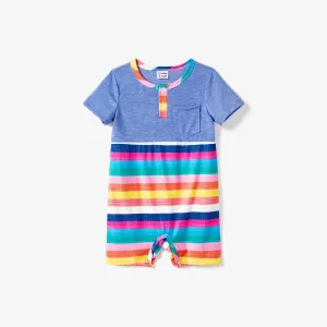 Family Matching Multi-Color Stripe T-shirt and Ruffle Hem Button Strap Dress Sets #1320504