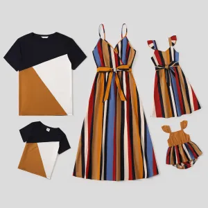 Family Matching Multicolor Striped V Neck Spaghetti Strap Belted Dresses and Colorblock Short-sleeve T-shirts Sets #197752