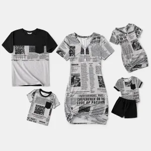 Family Matching Newspaper Print V Neck Short-sleeve Twist Knot Bodycon Dresses and T-shirts Sets #229344
