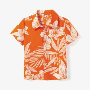 Family Matching Orange Beach Shirt and Floral Strap Dress Sets #1321760
