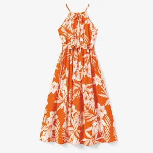 Family Matching Orange Beach Shirt and Floral Strap Dress Sets #1321762
