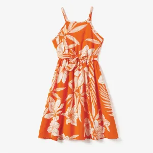 Family Matching Orange Beach Shirt and Floral Strap Dress Sets #1321765