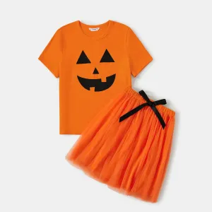 Family Matching Orange Spooky Print Dresses And Tops Sets #1062451