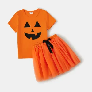 Family Matching Orange Spooky Print Dresses And Tops Sets #1062457