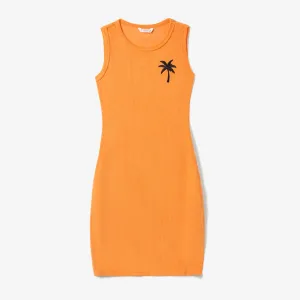 Family Matching Orange Terry Tank Top and Bodycon Tank Dress Sets #1320910