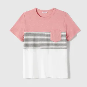 Family Matching Pink Curved Hem Short-sleeve Belted Dresses and Colorblock Striped T-shirts Sets #1052482
