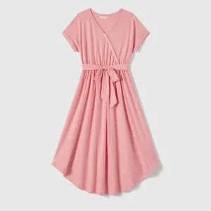Family Matching Pink Curved Hem Short-sleeve Belted Dresses and Colorblock Striped T-shirts Sets #1052485