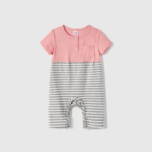 Family Matching Pink Curved Hem Short-sleeve Belted Dresses and Colorblock Striped T-shirts Sets #1052498