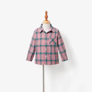 Family Matching Pink Long Sleeve Plaid Shirts Tops and Belted Mesh Dresses Sets #1193288