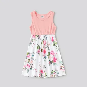 Family Matching Pink Sleeveless Splicing Floral Print Midi Dresses and Colorblock Short-sleeve Polo Shirts Sets #768761