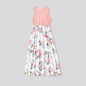 Family Matching Pink Sleeveless Splicing Floral Print Midi Dresses and Colorblock Short-sleeve Polo Shirts Sets #768767
