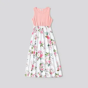 Family Matching Pink Sleeveless Splicing Floral Print Midi Dresses and Colorblock Short-sleeve Polo Shirts Sets #768768