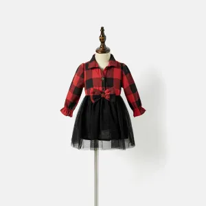 Family Matching Plaid Long-sleeve Mesh Splicing Dresses and Tops Sets