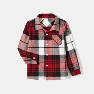 Family Matching Plaid Shirt Tops and Red Mesh Splice Belted Dresses Sets #1094875