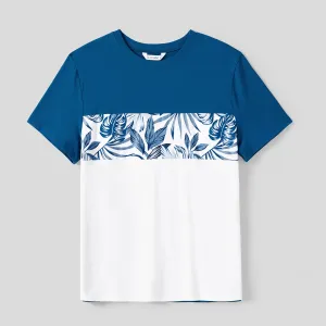 Family Matching Plant Print Splice Belted Tank Dresses and Color Block Short-sleeve T-shirts Sets