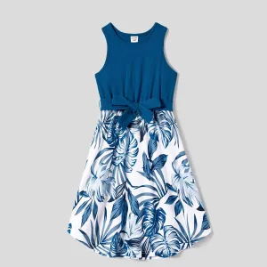 Family Matching Plant Print Splice Belted Tank Dresses and Color Block Short-sleeve T-shirts Sets