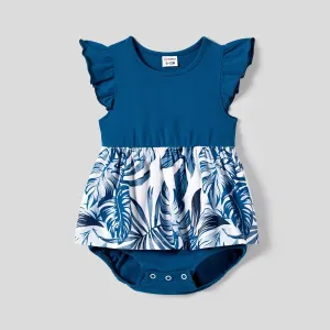 Family Matching Plant Print Splice Belted Tank Dresses and Color Block Short-sleeve T-shirts Sets #1243311