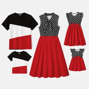 Family Matching Polka Dot Print Tie Neck Sleeveless Red Spliced Dresses and Short-sleeve Colorblock T-shirts Sets #220481