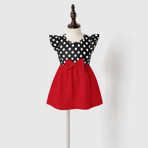 Family Matching Polka Dot Print Tie Neck Sleeveless Red Spliced Dresses and Short-sleeve Colorblock T-shirts Sets #220484