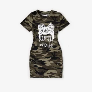 Family Matching Portrait Printed Camo Tee and Bodycon Dress Sets