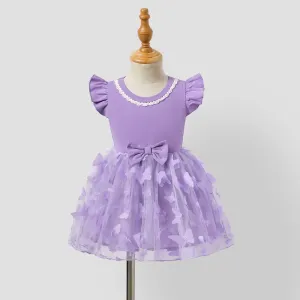 Family Matching Purple Colorblock T-shirt and Button Ruffle Sleeves Spliced Mesh Dress Sets #1320983