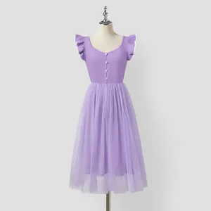 Family Matching Purple Colorblock T-shirt and Button Ruffle Sleeves Spliced Mesh Dress Sets #1320987