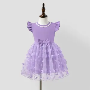 Family Matching Purple Colorblock T-shirt and Button Ruffle Sleeves Spliced Mesh Dress Sets #1320995