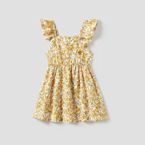 Family Matching Raglan Sleeves Tee and Ditsy Floral Ruffle Trim Strap Dress Sets