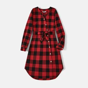 Family Matching Red and Black Plaid Long-sleeve  Shirts and Belted Dresses Sets #1082924